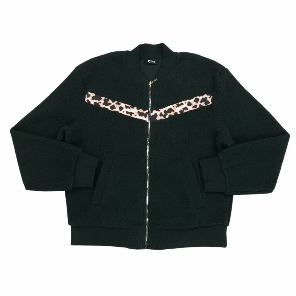 Womens Zyia Active Leopard Flying V Fleece Jacket Sherpa Size Large Black